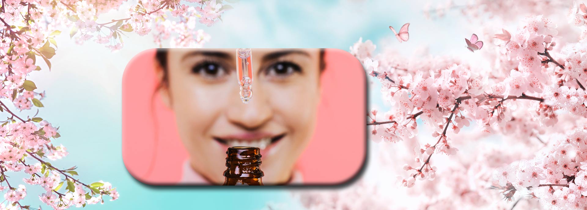 Banner image with female holding eye dropper and vial of allergy drops.